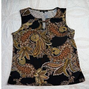 Lynn Ryan Paisley Sleeveless Top Career Retro Business Black Keyhole Neck Large